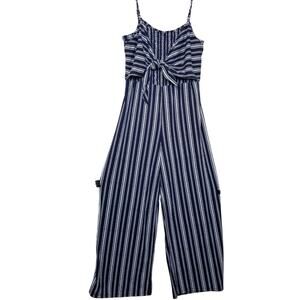 No Boundaries Blue White Striped Tie Front Cutout Back Wide Leg Jumpsuit Size XL